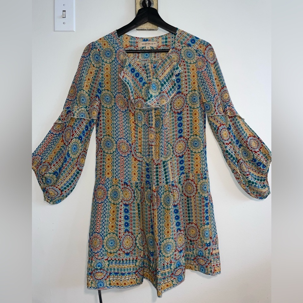 See by Chloe geometric pattern long sleeve silk mini dress - Picture 3 of 9